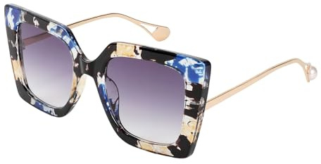 FEISEDY Retrò Occhiali da Sole Quadrati da Donna Oversized, Tempio in Metallo con Intarsio di Perle e Protezione UV400 B2625