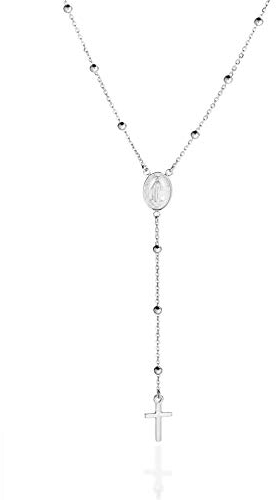 QUADRI - Elegante Rosenkranzkette aus 925er Silber, Medaille der Jungfrau Maria und poliertem Kreuz - Halskette Länge 48 + 7.50 cm Anhänger - Made in Italy Zertifikat