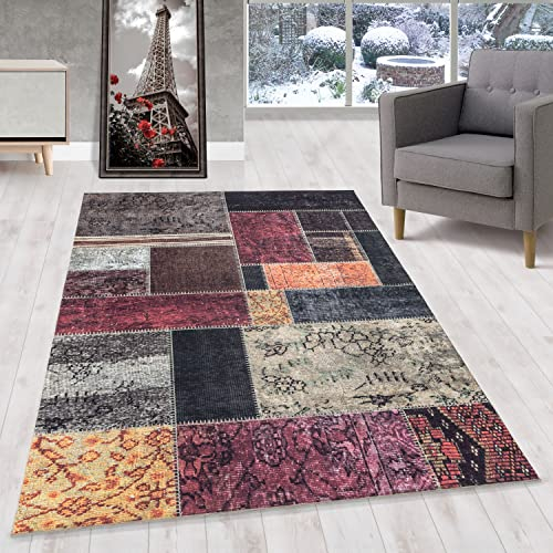 HomebyHome Kurzflor Teppich Wohnzimmer 200x300 (200x290 cm), Vintage und Kariert Design, in Bunt - Orient Teppich, rutschfest, Waschbar und Weich - Ideal für Schlafzimmer, Esszimmer, Küche