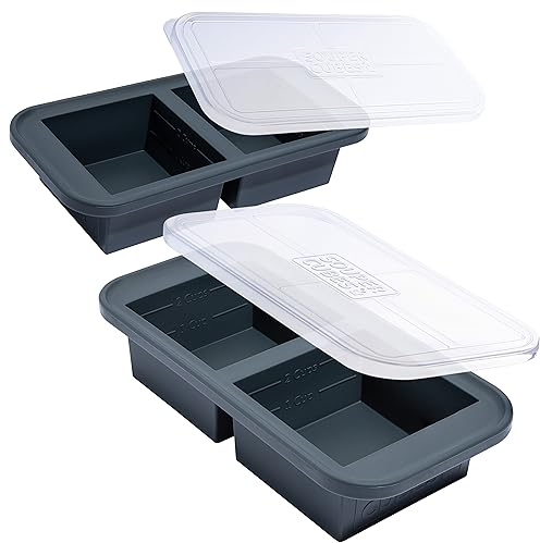 Souper Cubes Lot de 2 plateaux de congélation extra larges en silicone avec couvercle pour 4 portions parfaites de 2 tasses – Congelez la soupe, le ragoût, lot de 2, avec couvercles)