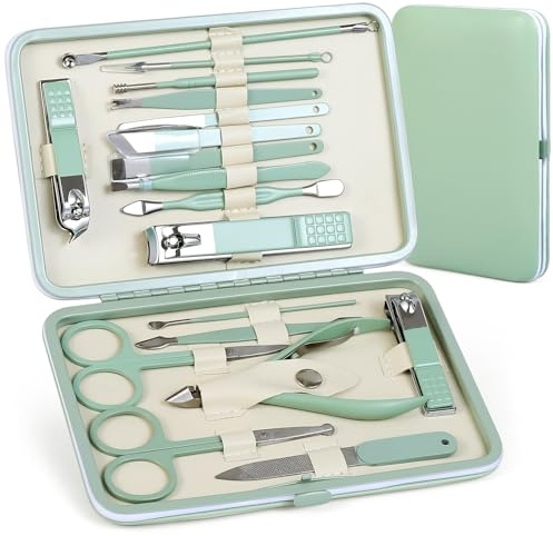 Manicure Set Pedicure Kit Nail Clippers Set Fingernail Clipper Set Ingrown Toenail Nail Kit Scissor Nail Trimmer Kit 18 Pieces Women and Men’s Care Grooming Tools with Fine Case (Tea Green_18 Pieces)