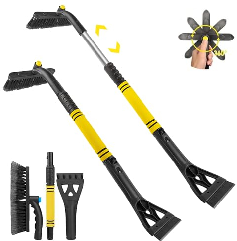 Abiemuce Eiskratzer Auto mit Besen, 3 in1 Auto Eiskratzer, 360° Drehbarer Schneebürste, Abnehmbarer Eisschaber, Ausziehbarer Schneekratzer und Bürste, mit Schaumstoffgriff, für Auto LKW SUV - GELB