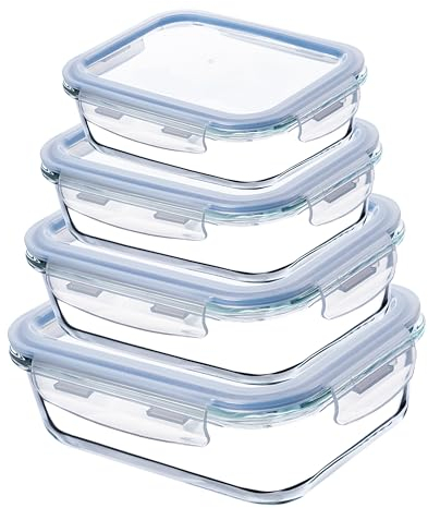 KADAX Ensemble de Boîtes en Verre avec Clips de Fermeture pour Conservation Alimentaire, Récipients avec Couvercles (Rectangulaires, Lot de 4)