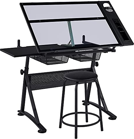 Yaheetech Tavolo da Disegno Inclinabile Pannello in Vetro Regolabile in Altezza Scrivania Artigianale per Riporre gli Oggetti per Arte Tecnico Pittura Lavoro Studio 141 x 60 x 91 cm Nero
