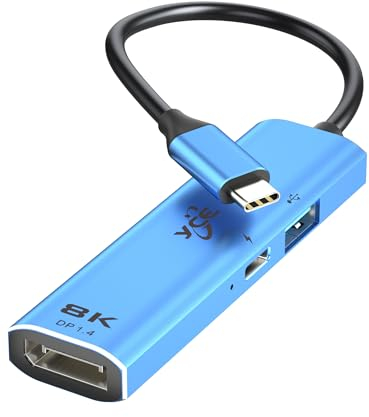 YCE Adattatore da USB C a Displayport 1.4 (8K@60Hz/4K@240Hz) 3 in 1 con PD 100W e USB2.0 Thunderbolt 3/4 to DP1.4, compatibile con MacBook, iPad, iPhone 15 Series, Surface, Android, laptop