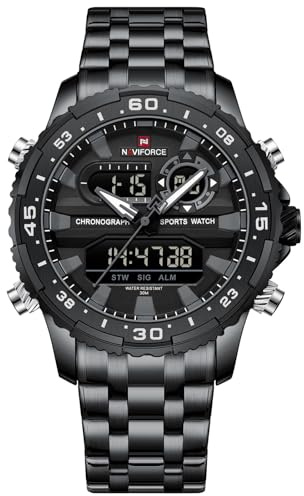 NAVIFORCE Orologio da uomo di lusso, in acciaio inox, analogico, digitale, al quarzo, impermeabile, alla moda, cronografo, militare, multifunzionale, Nero , Bracciale