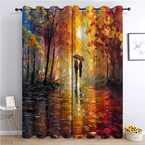 Lot de 2 rideaux occultants à œillets motif feuilles d'automne - Isolation thermique - Pour salon, style impressionnisme, peinture à l'huile - 233 x 229 cm (l x L)