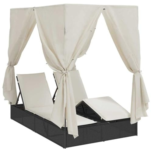 vidaXL Lettino Doppi con Tetto Nero 205 x 129 x 200 cm Rattan PE, Lettino da Giardino, Doppio Posto, Sedia Relax per Patio, Sole, Lettino per Balcone
