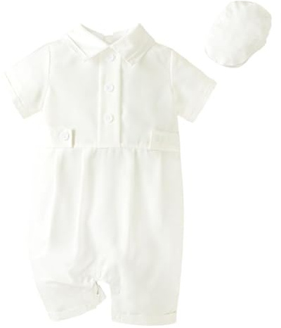 Lito Angels Baby Christening Outfit - Baptism Romper & Beret Hat for Infant Toddler Boys Girls 6-9 Months | White Short Sleeve Summer Church Ceremony Attire