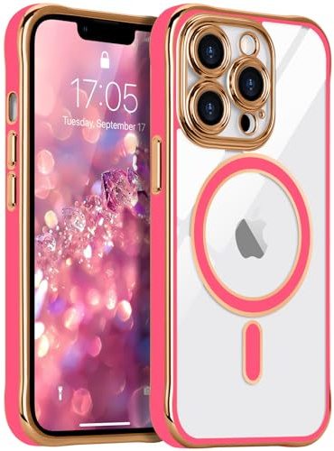 LCHULLE Magnétique pour iPhone 13 Pro Max Coque Transparente [Compatible avec Magsafe] Protection pour Appareil Photo Housse Antichoc galvanique Coque Silicone pour iPhone 13 Pro Max Rose Rouge