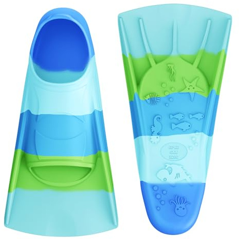 QcoQce Schwimmflossen Kinder, 100% Silikon Kinder flossen und Kurzflossen zum Schnorcheln, Tauchen, Training und für den Urlaub, in praktischer Reisegröße mit Netzbeutel für Pool und Strand.