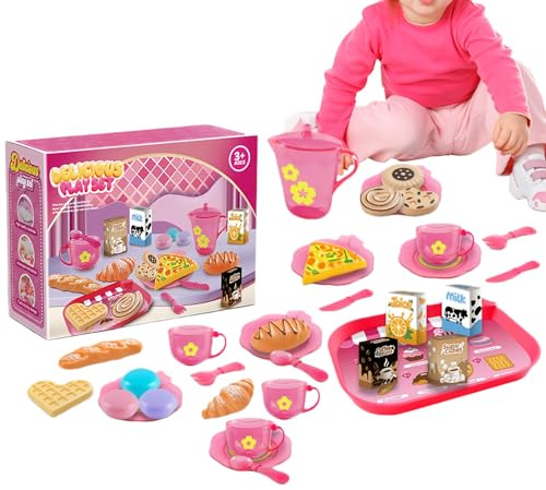 Tea Party Set - 33pcs Children Pretend Play Toy | Mini Kitchen Food Dessert Set | Teapot Cups Plates Accessories | Role-Playing Game Toy | Kids Play KitchenSet 23x17x8cm