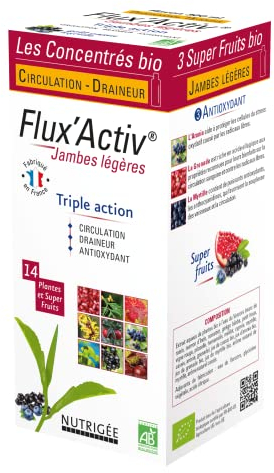 NUTRIGÉE - Flux' Activ Jambes Légères & Toniques Bio – Boisson concentrée triple action Circulation, Draineur et Antioxydant – programme 15 jours – 2 x 10 ml/jour – Fabriqué en France – 300 ml