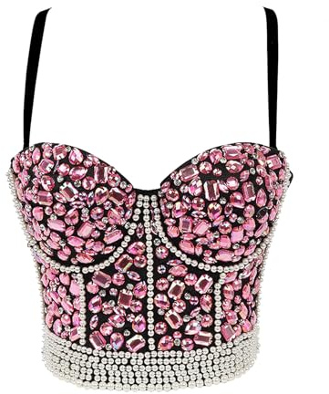 Woboren Dam push up bustier spets crop top gotiska punk pärlor strass diamanter korsett klubbkläder party bh med avtagbar rem, ROSA, S