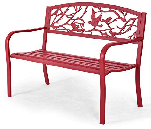 RELAX4LIFE Panchina da Esterno a 2-3 Posti, Panchina da Giardino a Doghe in Metallo con Schienale e Braccioli Curvati, Intagliata a Mano, Panca per Cortile/Parco, Max 280 kg, 127x63x83cm (Modello 1)