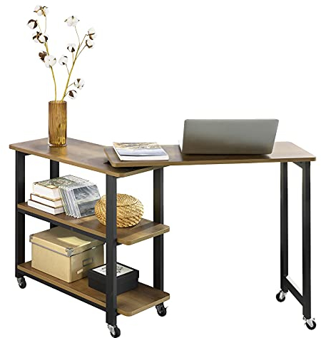 SoBuy FWT83-PF L-förmiger Beistelltisch mit 2 Ablagen Sofatisch mit Rollen Couchtisch Eckschreibtisch Computertisch Arbeitstisch Industrie-Design BHT ca.: 133x69x30cm