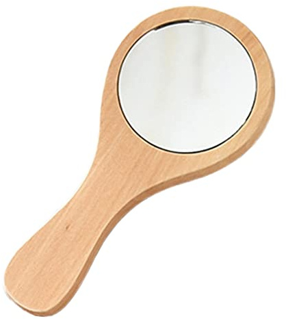 Cirkulär handspegel med trähandtag sminkspegel bärbar sminkspegel rund fickspegel resespegel 15 × 7 cm