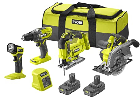 RYOBI - Kombination 4 Werkzeuge, 18 Volt, One+: Bohrmaschine + Stichsäge + Kreissäge + LED-Lampe + 2 Akkus 2,0 Ah + Ladegerät – 1 große Transporttasche