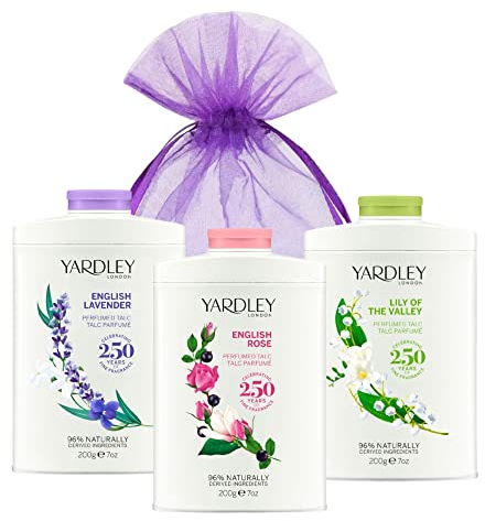Talc Gift Set Variety Bundle with English Lavender Talc, Lily of The Valley Talc and English Rose Talcum Powder 3 Pack for Women (3 x 200g Each) with Deluxio Gifts Gift Bag