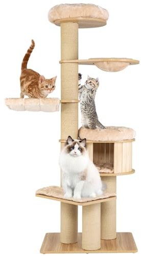 COSTWAY Klösträd stort, 191 cm kattträd med hängmatta och kattgrotta & korbbett & sisalpost, 15 cm tjocka stammar, klösträd för katter, kattmöbler, klätterträd, aktivitetsträd, beige