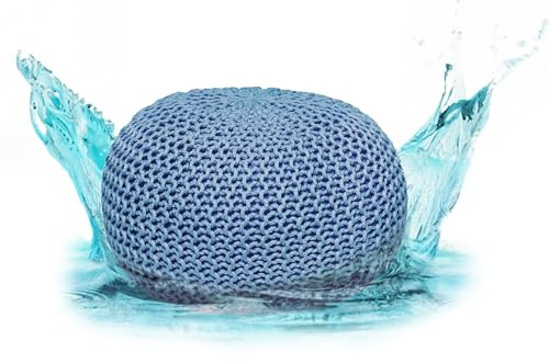 ELYFLAIR® Pouf imperméable de qualité supérieure - Diamètre : 55 cm ou 45 cm - Pour extérieur et intérieur - Aspect tricot grossier - Pour jardin, terrasse, piscine - 100 % plastique recyclé - Bleu