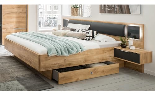 Lomadox Bettanlage Bett Doppelbett 180cm mit 2 Bettschubladen, Nachtschränken, Beleuchtung und Polsterkopfteil, Graphit und Eiche