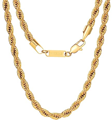 VEXXS Goldkette Kordelkette, 18 Karat Vergoldet 3/5mm Edelstahl Halskette für Herren Damen Männer Jungen, Schmuck Geschenk, 46-66cm