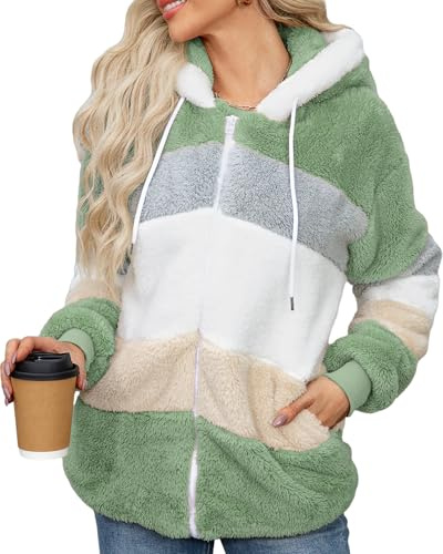 Yuson Girl Manteaux Polaire Zippée pour Femme Hiver Veste Chaude à Capuche Sherpa Doublure en Peluche Outercoat Doux Ample Épaissir Blouson Chaud Décontractée Veste Avec Poches(Vert, M)