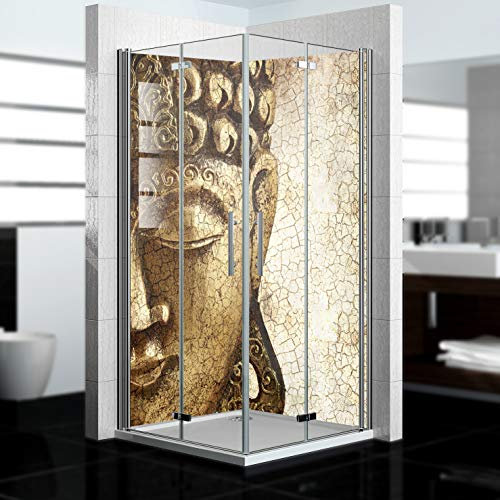 dedeco Paroi de douche imperméable Motif Bouddha V1, 2 x 100 x 200 cm, paroi arrière de salle de bain pour remplacement du carrelage, mur décoratif, revêtement mural et plateau de douche en aluminium