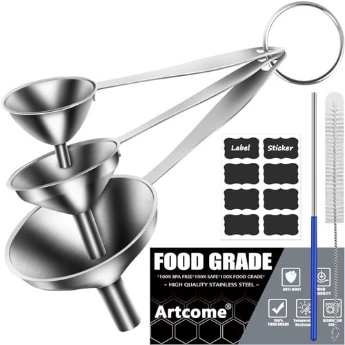 Artcome Set di 3 imbuto da cucina in acciaio inox con manico lungo, imbuto in metallo 3 in 1 per uso alimentare per trasferire liquidi, polveri e particelle, imbuti erogatori, mini imbuti - lavabili