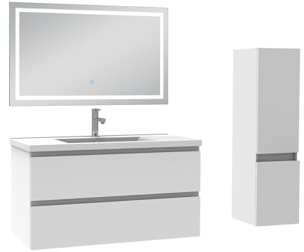 AICA Ensemble Meuble Salle de Bain 100cm Simple Vasque avec Colonne et Miroir 3 Couleurs Blanc