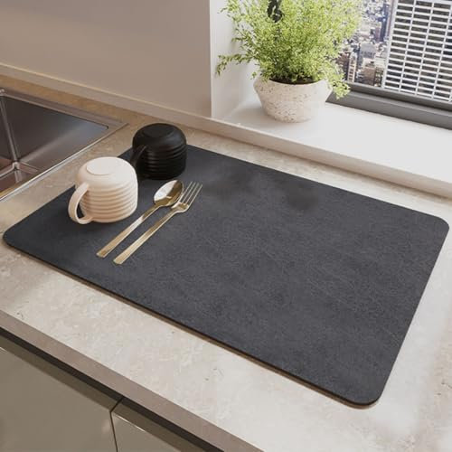 Dish Drying Mat for Kitchen Counter, 40*50 cm Super Absorbent Coffee Machine Mat with Non-Slip Rubber Backed, Kitchen Draining Mat for Dish Rack & Coffee Bar (Black Gray, 40*50 cm)