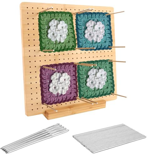 LOPYXBR Granny Square Spanner Groß, 28x28cm Handcrafted Sperrbrett für Granny Square mit 20 Edelstahl Stabstiften und 5 Nadel, Wooden Blocking Board Häkeln für Strick- und Häkelprojekte