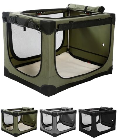 derimkcoa 83 * 64 * 64CM Collapsible Travel Dog Crate, Portable Soft Dog Kennel for Medium Large Dogs up to 27kg, 4-Door Foldable Travel Crate with Durable Mesh & Storage Bag,Green
