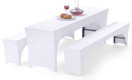 Alishomtll Set di 3 coperture elastiche per tavolo da birra, per tavolo da birra, banchetti, mobili da giardino, 220 x 70 cm, colore bianco