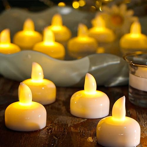 Syzplnwy Lot de 24 bougies chauffe-plat flottantes à LED blanc chaud – Bougies sans flamme à piles avec effet vacillant réaliste pour décoration d'intérieur, mariage, Noël