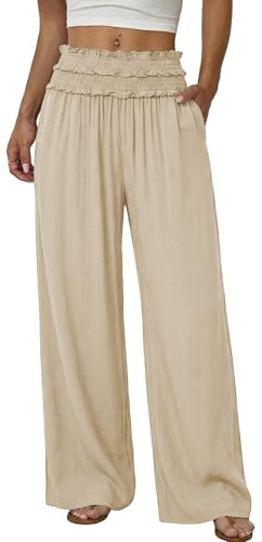 EVALESS Summer Boho Pants for Women Trendy 2026 High Waisted Wide Leg Lounge Beach Flowy Trousers Vacation Cruise Outfits Beige L