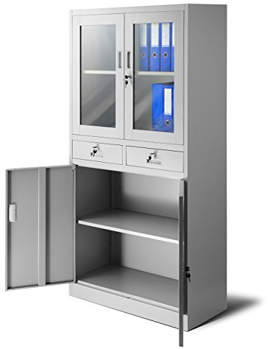 Jan Nowak Armadio da Ufficio C017 Armadietto Archivio con Vetrina in Vetro in Metallo Verniciato a polvere Chiudibile 185 cm x 90 cm x 40 cm (Grigio)