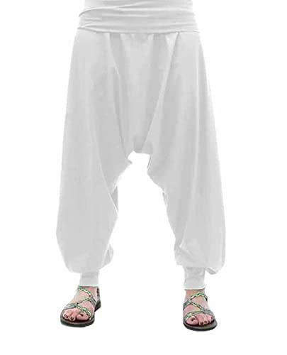 SAVARI | Pantalones Harem Sin Bolsillos | Étnico | Comodos | Pantalón Ideal para Yoga, Pilates y Danza | Unisex | Tiro Bajo y Cintura Ancha | Lisos | Tallas Grandes Disponibles | Blanco | Talla S