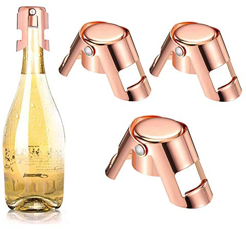 Champagne Stopper, 3 Pieces Stainless Steel Wine Stopper Metal Vacuum Sealed Wine Sparkling Bottle Closure Sealer, Rose Gold