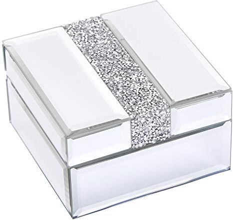 Timetrace Silver Diamond Small Glass Box Glass Jewelry Box Decorative box Keepsake Box Jewelry Organizer Storage Organizer for Women Girls Luxurious Gift… (Mirrored)