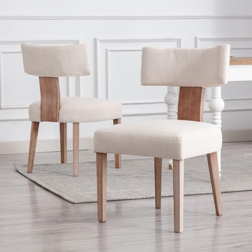 chairus Lot de 2 Chaises de Salle à Manger en Lin Chaise Rembourrées pour Cuisine Salon sans Accoudoirs Chaise d’Appoint de Pieds en Bois (Beige)
