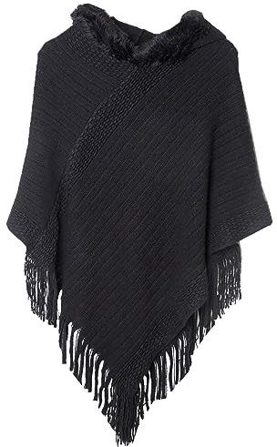 JFAN Strick Ponchos mit Damen Kapuze Cape Pullover Fransen Strickpullover Vielseitiger Kapuzen Schal Warm Coat Hoodie Schwarz One Size