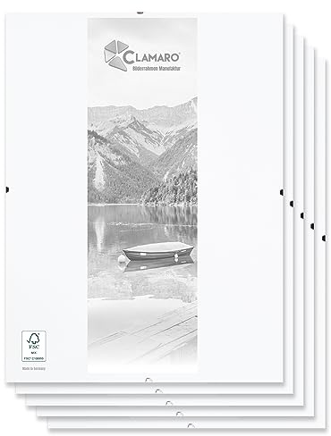 CLAMARO 'N°1' Bilderrahmen Cliprahmen 5 Stk. 42x59,4 cm (DIN A2) | Moderner Bildhalter für stilvolle Gallerie Präsentationen mit weiß laminierter MDF-Holz Rückwand und Acrylglasscheibe