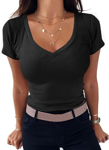 TrendiMax Dam-T-shirt, ribbade slim fit, basic, t-shirt, v-ringad, kortärmad, sommar, t-shirt, stretch, toppar, lediga blus, toppar