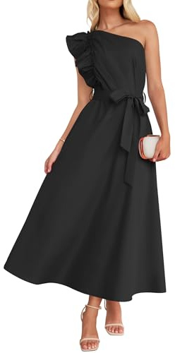 ZESICA Women's 2025 Summer One Shoulder Ruffle Dress Sleeveless Empire Waist Boho Flowy Maxi Dresses,Black,Medium