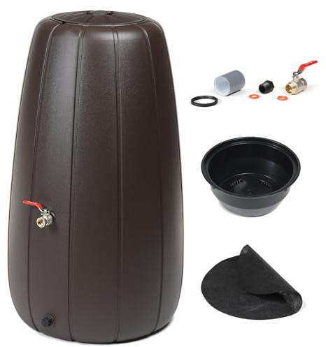 Serbatoio per acqua piovana 200 l, acqua piovana, marrone, per esterni, plastica robusta, rotondo e alto, fori di scarico, coperchio, inserto pentola, sistema di drenaggio, con valvola a sfera dritta