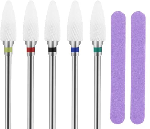 Juego de 5 brocas de cerámica para uñas con 2 limas de uñas, brocas profesionales para uñas, fresadoras, manicura, pedicura, lima, cabezal de lijado, pulidor de fieltro para dar forma y quitar