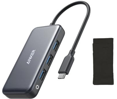 Anker 4-in-1 USB-C Hub with 60W Power Delivery, 3 USB-A Ports, 5Gbps Data Transfer Speed, Compatible with MacBook, iPad, and USB-C Laptops - Gray, Includes Travel Pouch