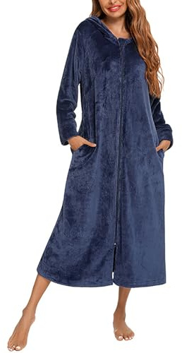 Flodxo Albornoz con cremallera para mujer, bata de baño ligera y esponjosa, súper suave, con capucha, abrigo de felpa de longitud larga, cálido y acogedor, bata de baño para descansar, azul marino, XL